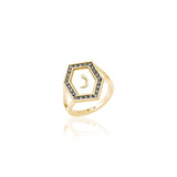 Qamoos 1.0 Letter ر Black Diamond Ring in Yellow Gold