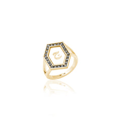 Qamoos 1.0 Letter ج Black Diamond Ring in Yellow Gold