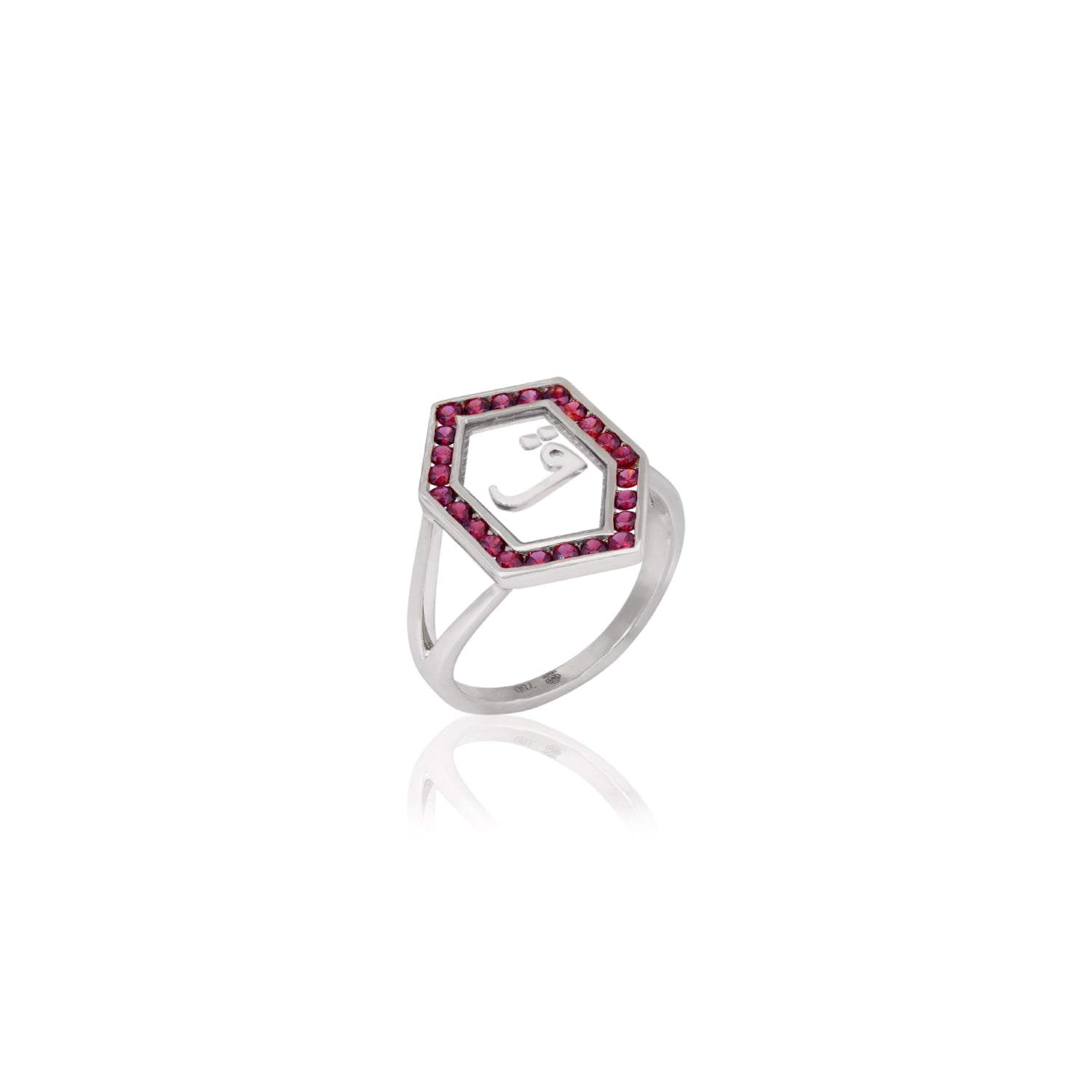 Qamoos 1.0 Letter ق Ruby Ring in White Gold