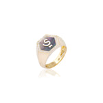 Qamoos 2.0 Letter ي Black Mother of Pearl and Diamond Signet Ring in Yellow Gold