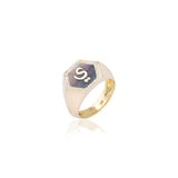 Qamoos 2.0 Letter ي Black Mother of Pearl and Diamond Signet Ring in Yellow Gold