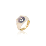 Qamoos 2.0 Letter ل Black Mother of Pearl and Diamond Signet Ring in Yellow Gold